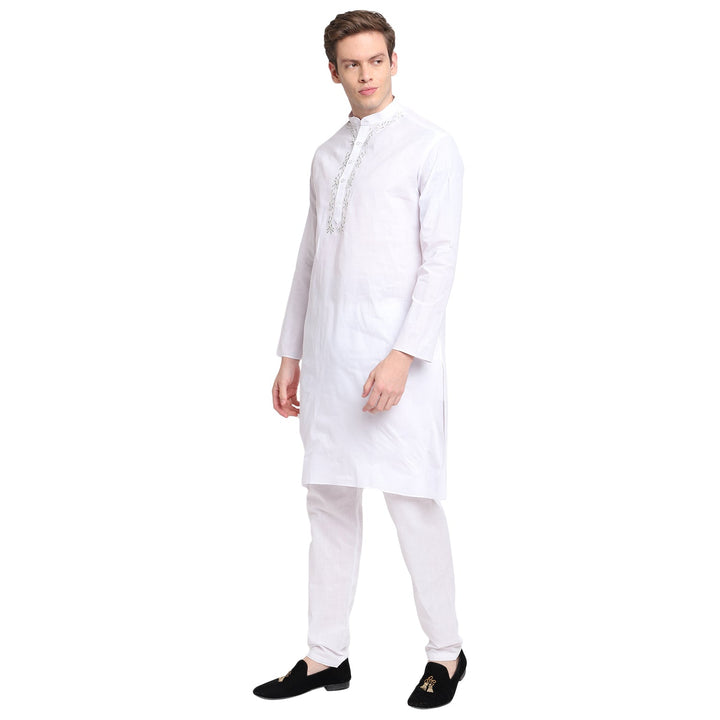 Pure White straight Embroidered Cotton Blend Men's Kurta