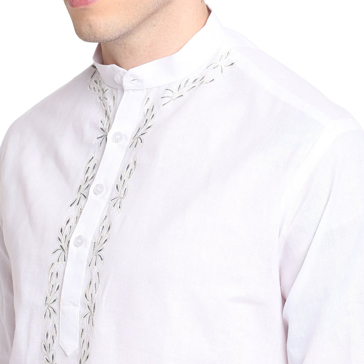 Pure White straight Embroidered Cotton Blend Men's Kurta