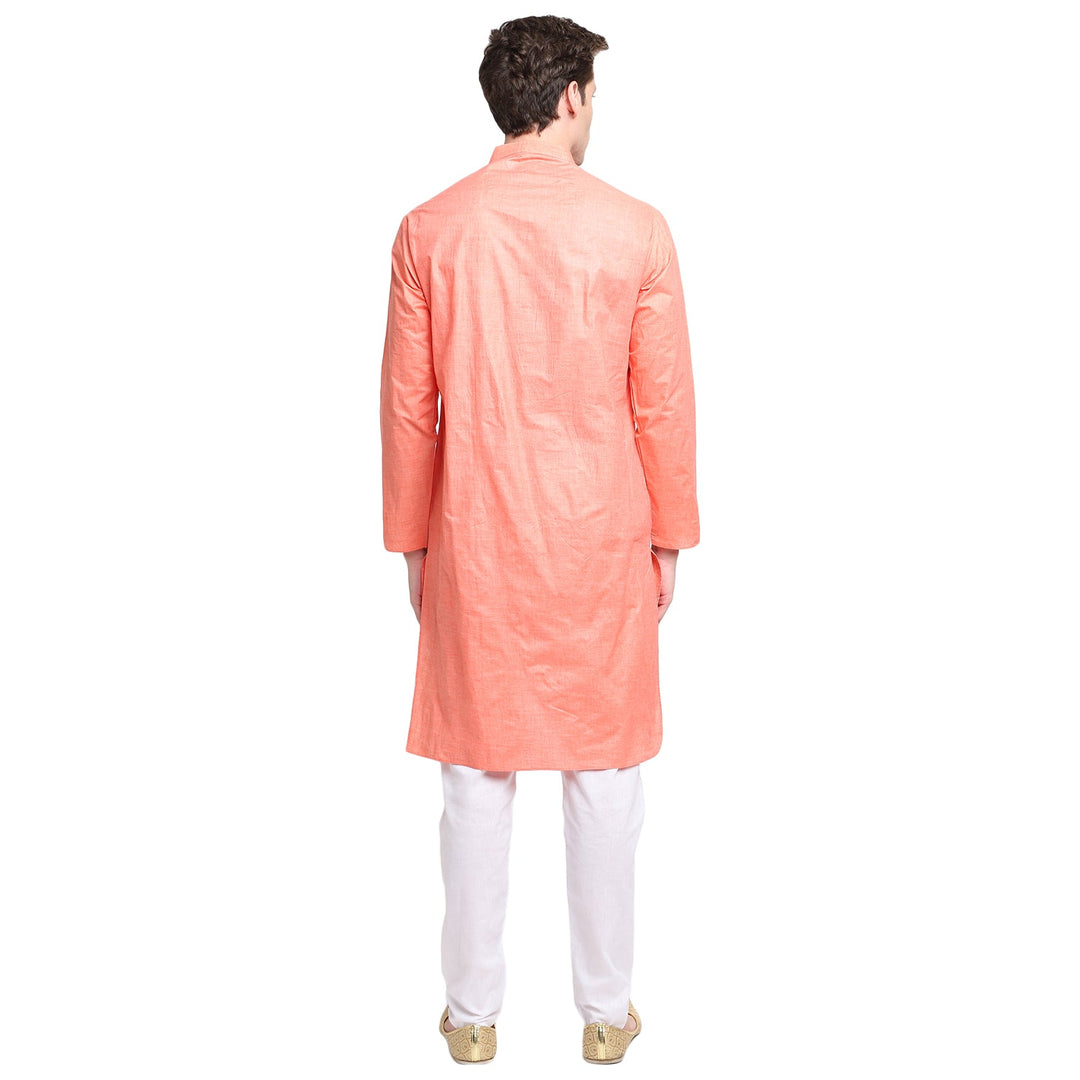 Pink-Orange Straight Embroidered Cotton blend Men's Kurta