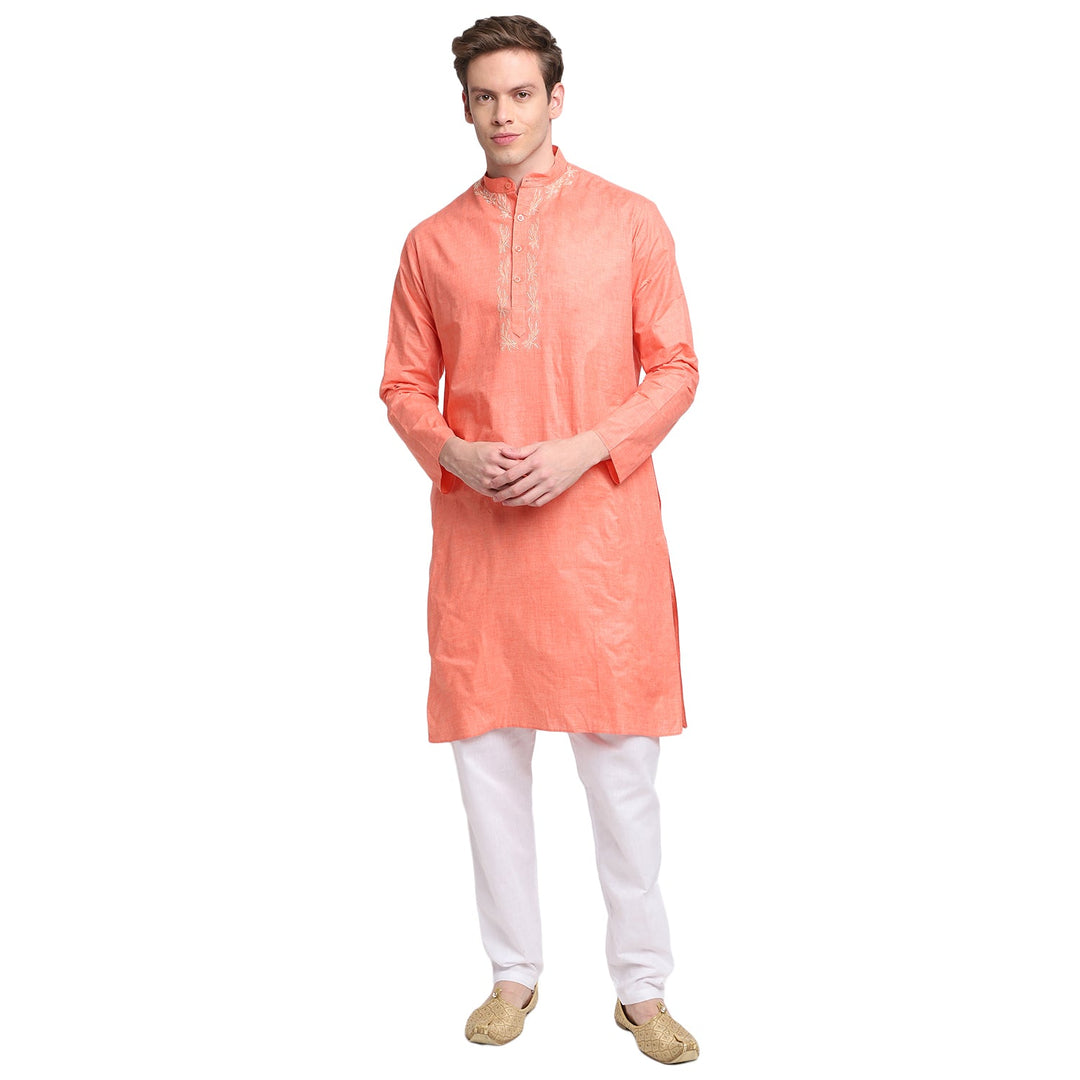 Pink-Orange Straight Embroidered Cotton blend Men's Kurta