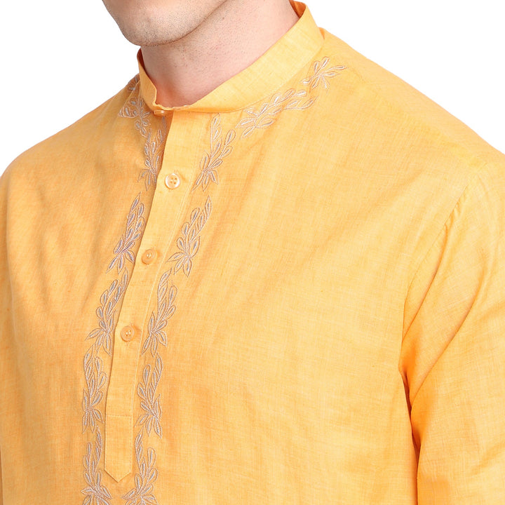 Yellow Straight Embroidered Cotton Blend Men's Kurta
