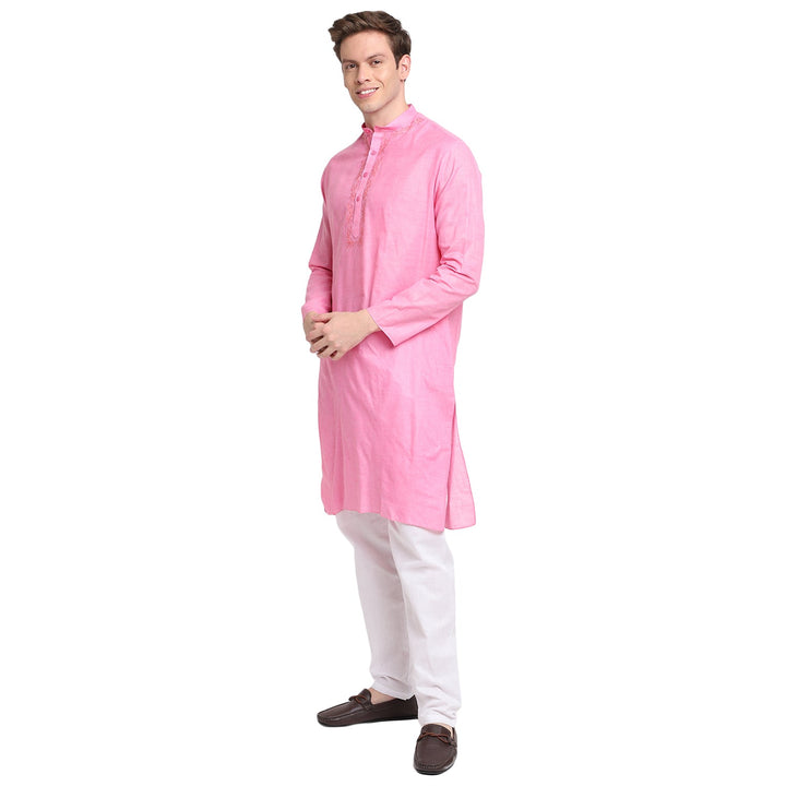 Light Pink Straight Embroidered Cotton Blend Men's Kurta