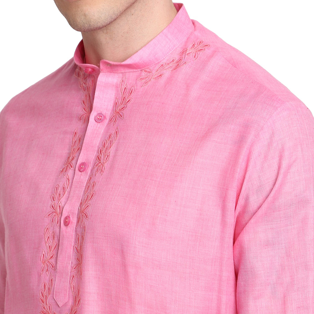 Light Pink Straight Embroidered Cotton Blend Men's Kurta