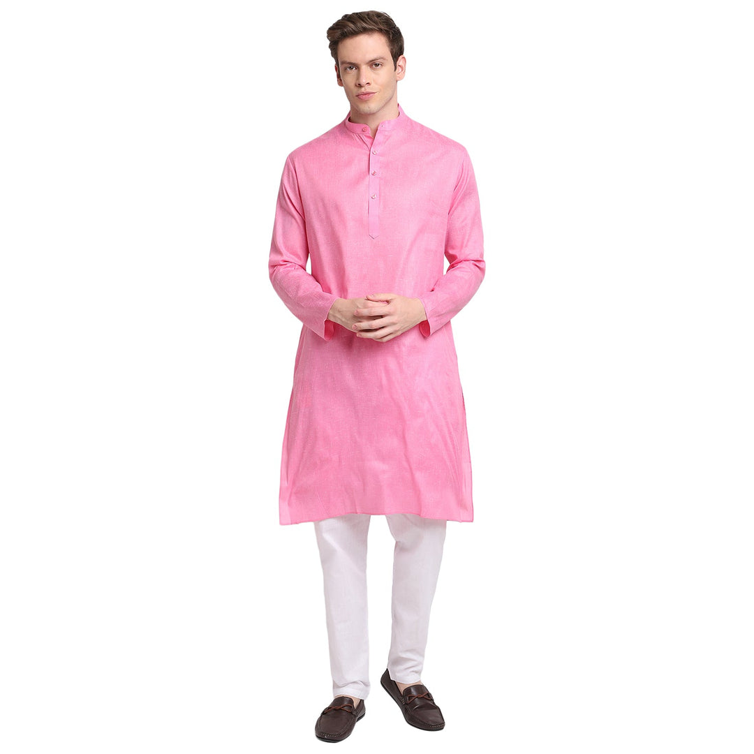Pink Solid Straight cotton Blend Men's Kurta