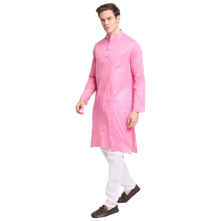 Pink Solid Straight cotton Blend Men's Kurta