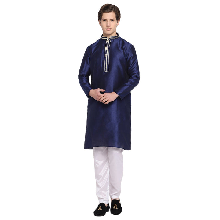 Navy Blue Straight Embroidered With Loop Button Silk Blend Men's Kurta