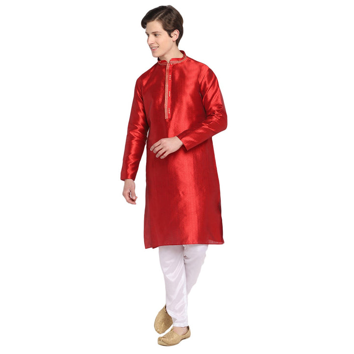 Red Solid Straight Embroidered Silk Blend Men's Kurta