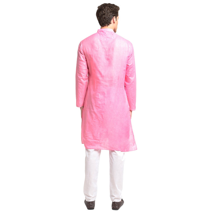 Hot Pink Solid Straight Cotton Blend Men's Kurta