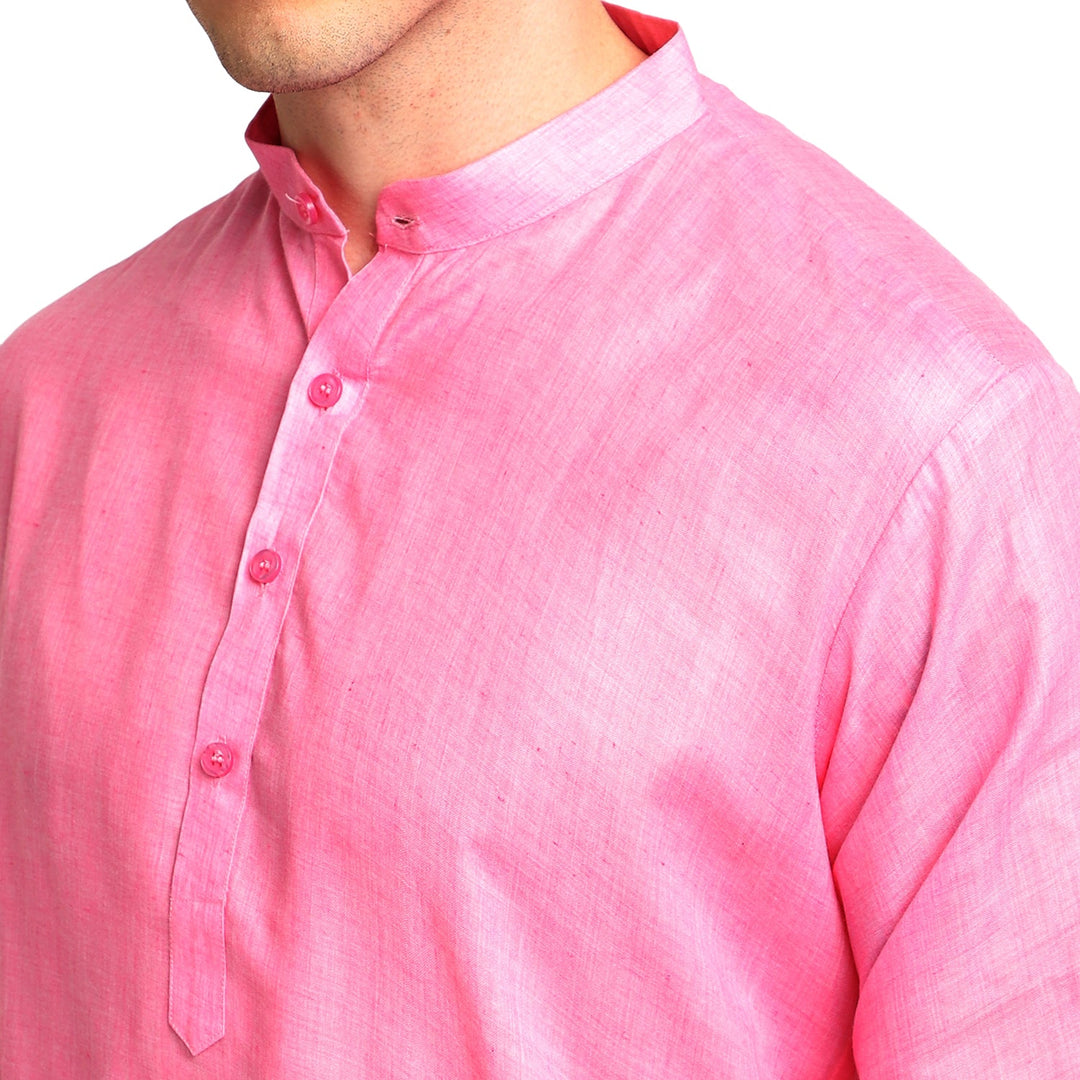 Hot Pink Solid Straight Cotton Blend Men's Kurta
