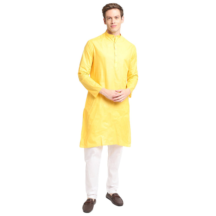 Yellow Solid Straight Cotton Blend Men's Kurta