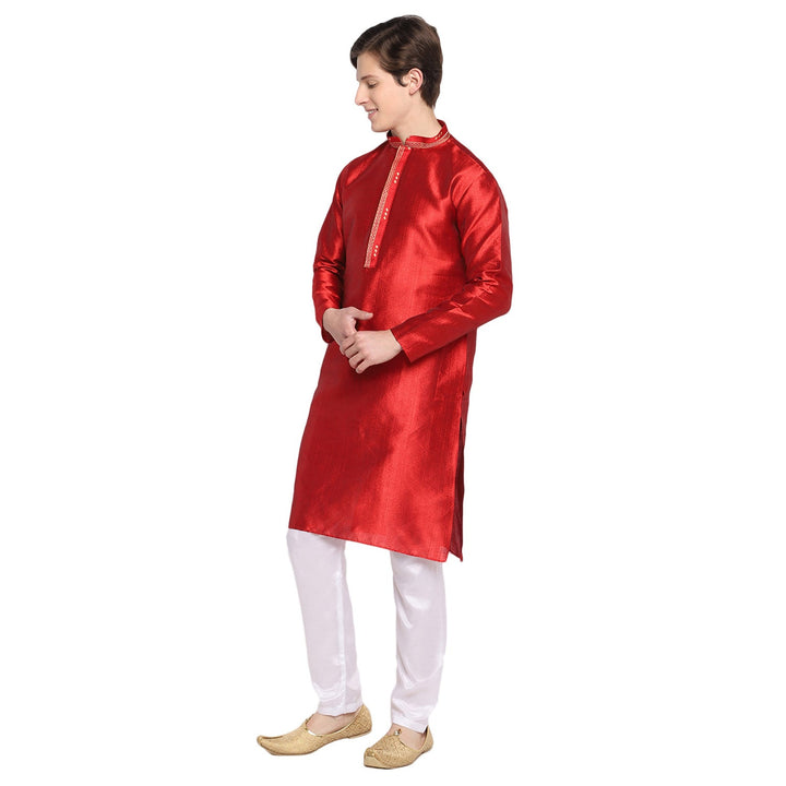 Red Solid Straight Embroidered Silk Blend Men's Kurta