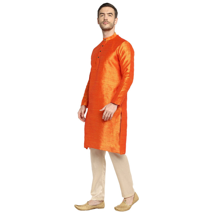 Orange Solid Straight Silk Blend Men's Kurta