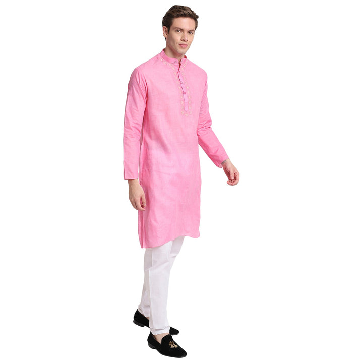 Light Pink Straight Cotton Blend Men's Kurta