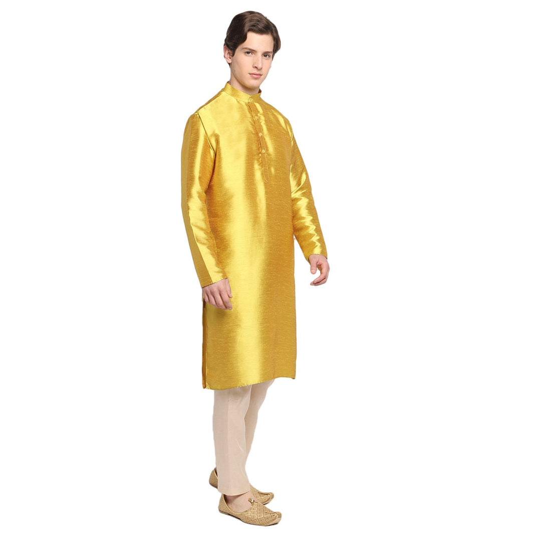 Golden Solid Straight Silk Blend Men's Kurta
