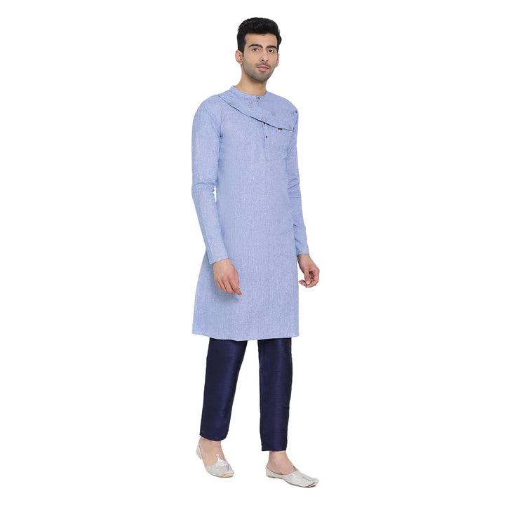 Blue and Solid embroidered Straight Cotton Men's Kurta