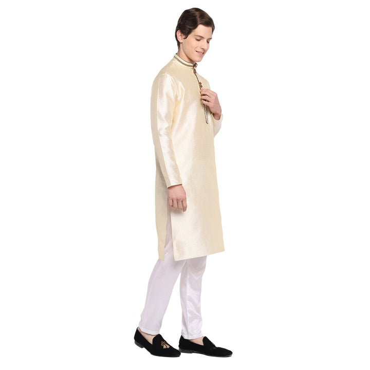 Off White Straight Embroidered With Loop Button Silk Blend Men's Kurta