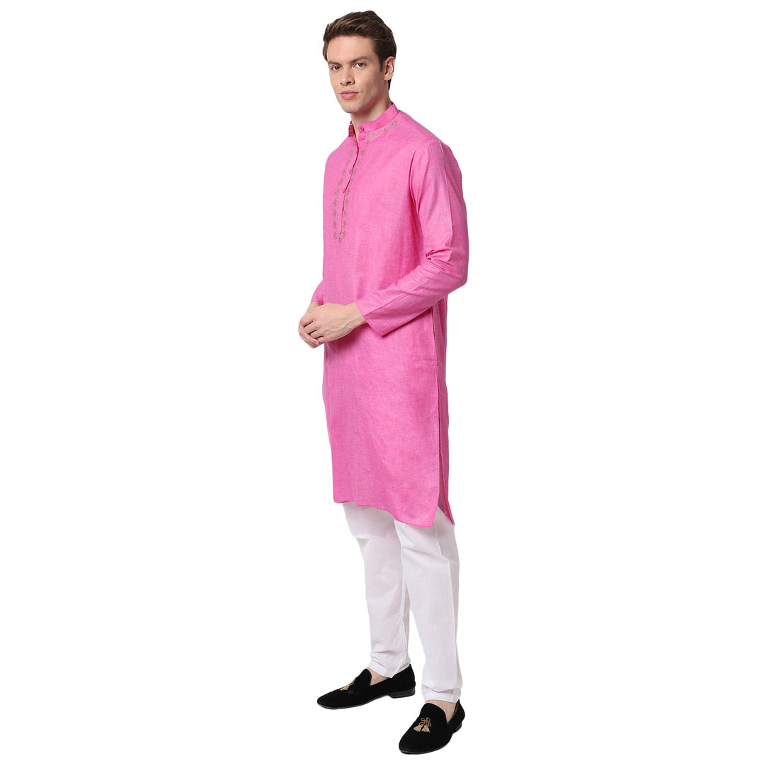 Pink straight Cotton Blend Men's Kurta