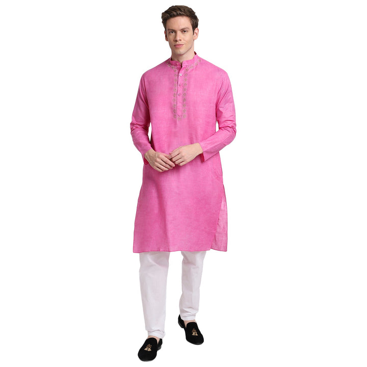 Pink straight Cotton Blend Men's Kurta