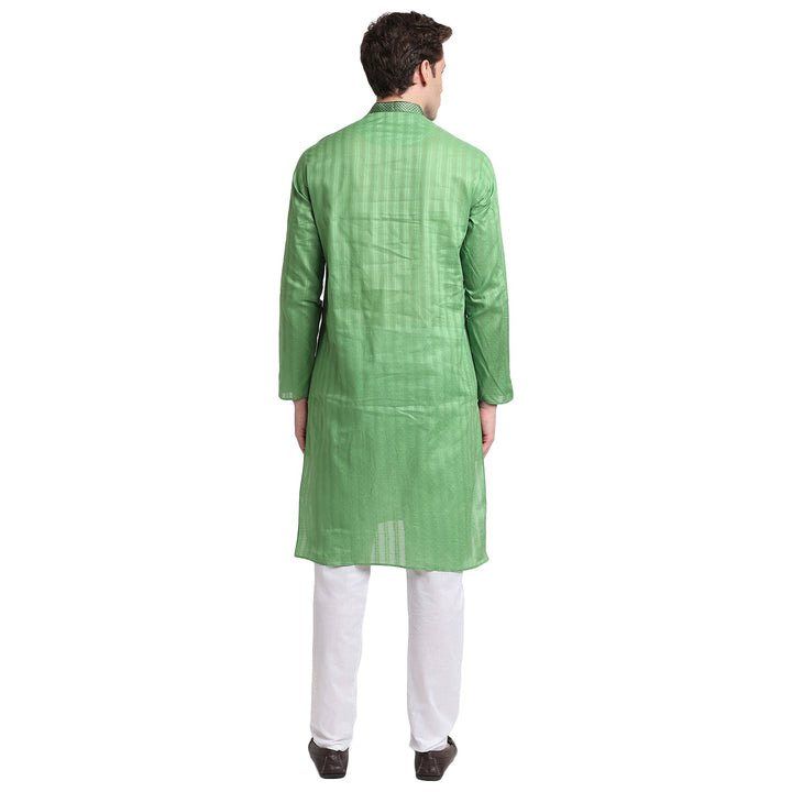 Green Striped Straight Cotton Blend Men's Kurta