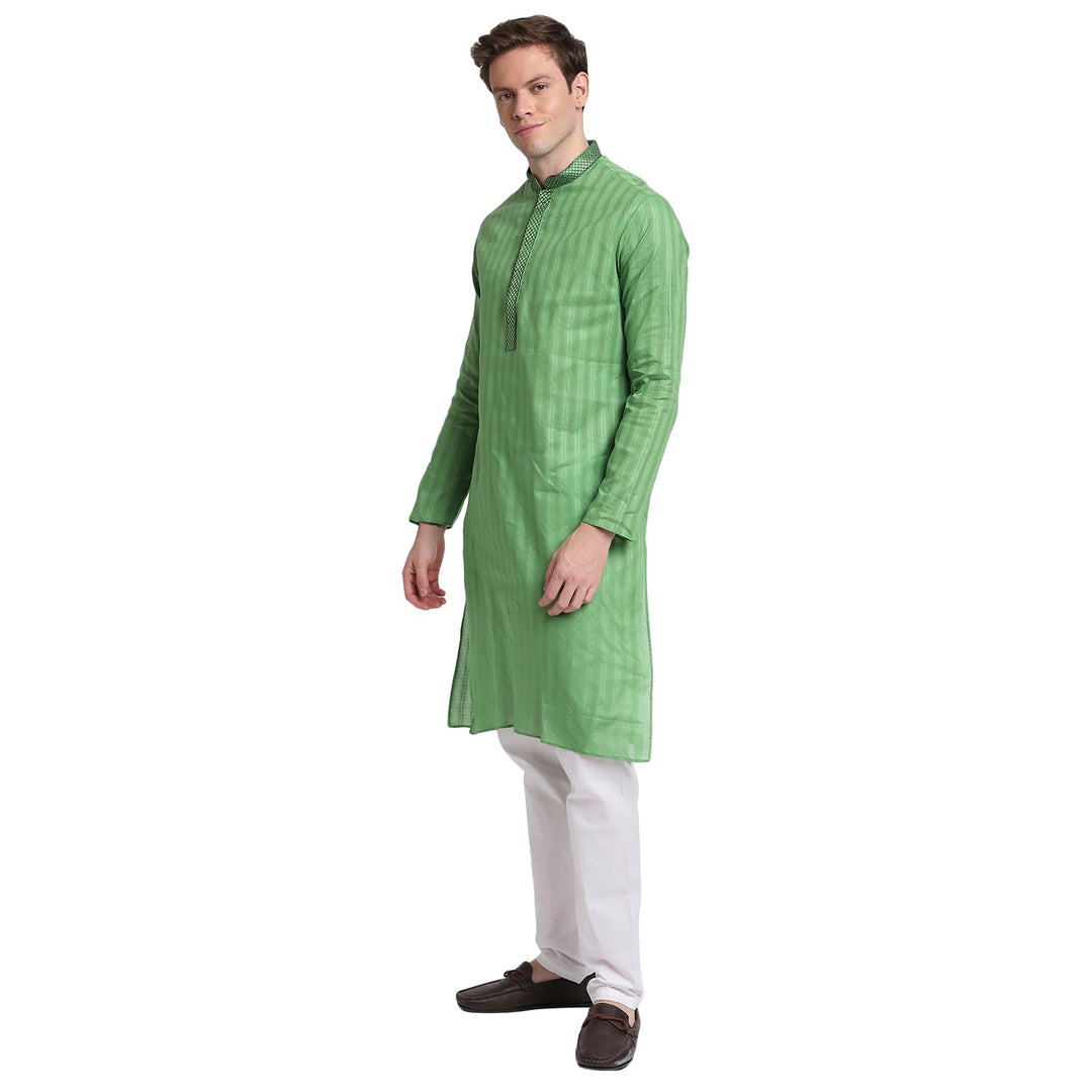 Green Striped Straight Cotton Blend Men's Kurta