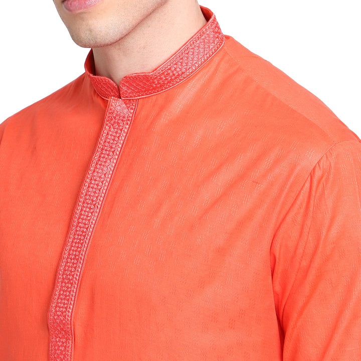 Peach Colour Straight Embroidered Cotton Blend Men's Kurta