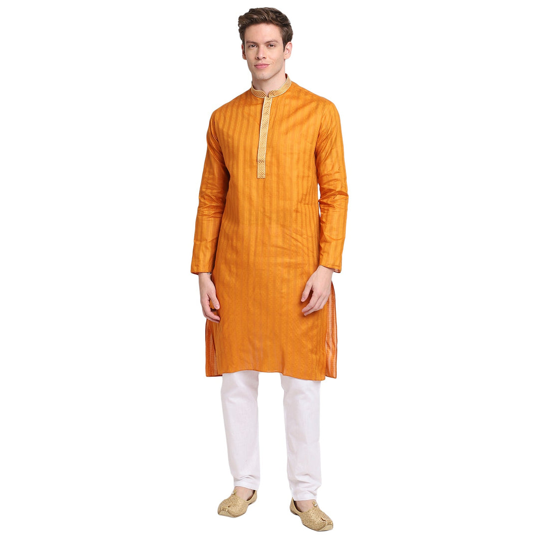 Yellow-Orange Striped straight Cotton Blend Men's Kurta