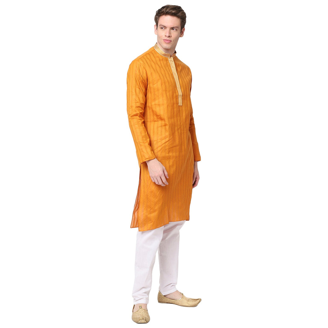 Yellow-Orange Striped straight Cotton Blend Men's Kurta