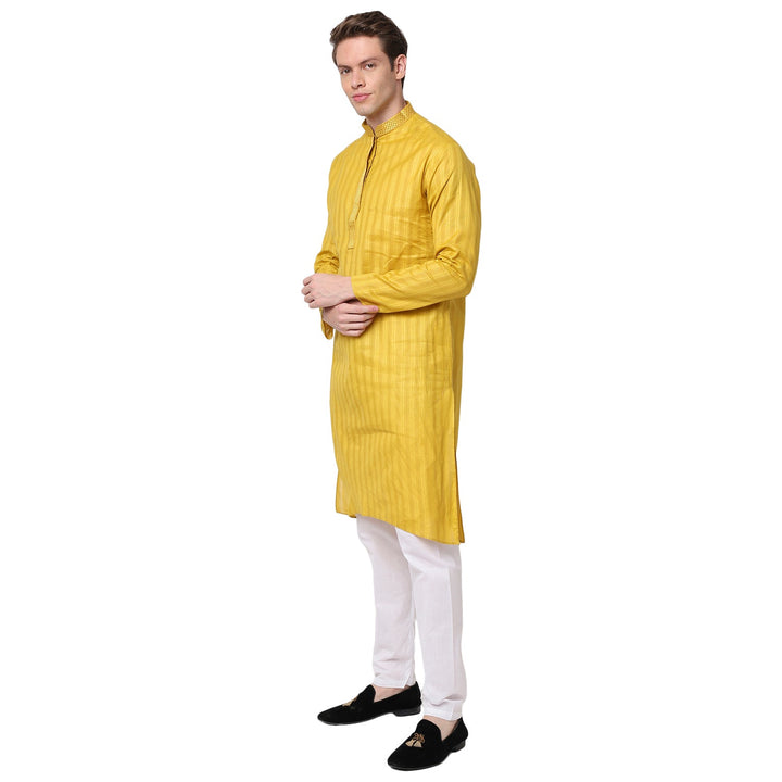 Yellow Striped Straight Cotton Blend Men's Kurta