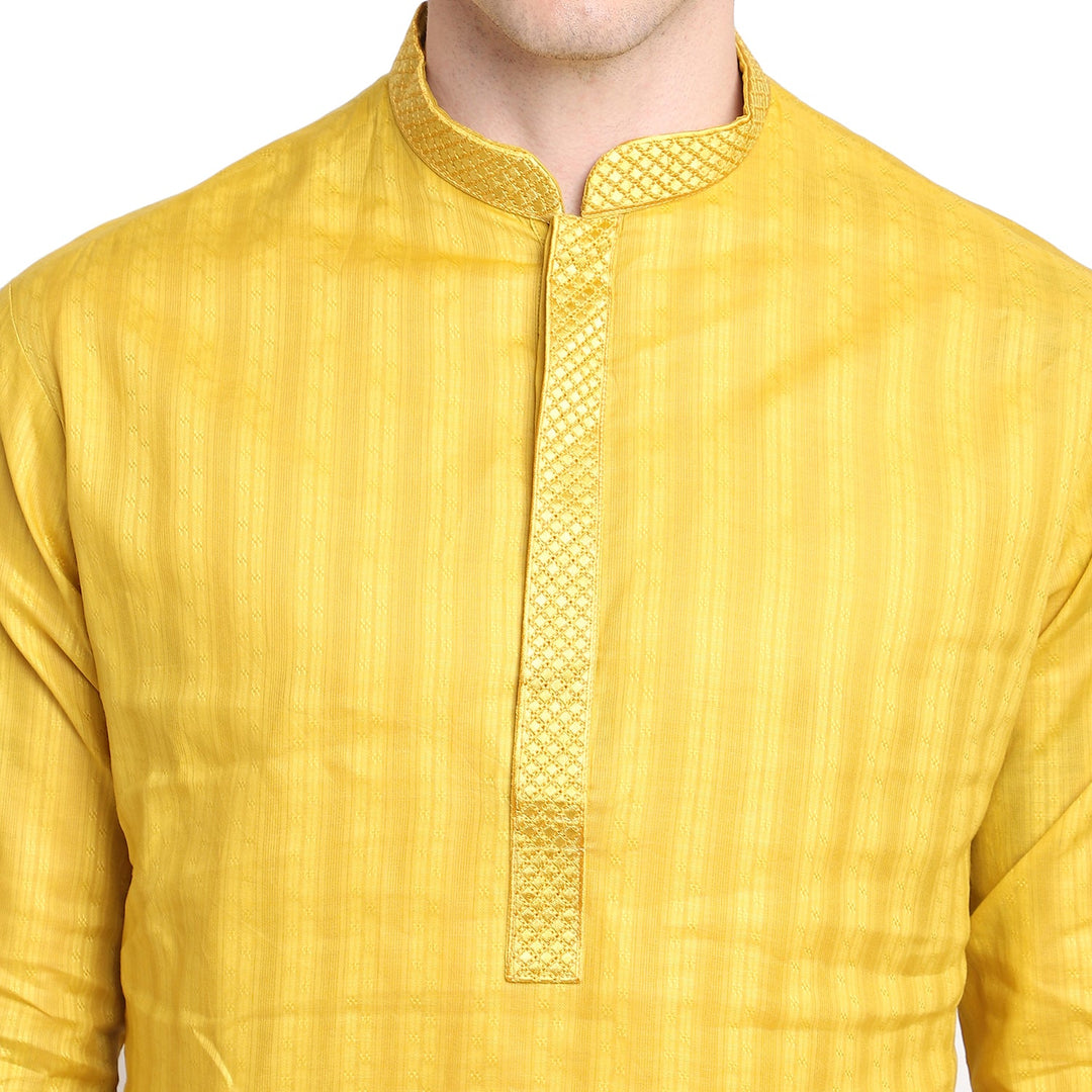 Yellow Striped Straight Cotton Blend Men's Kurta