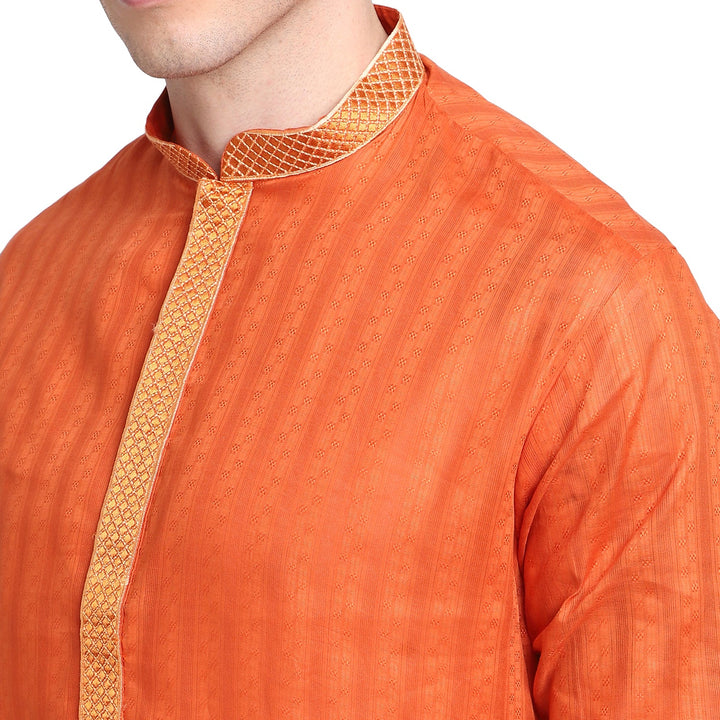 Deep Orange Striped Straight Cotton bland Men's Kurta