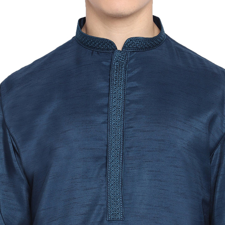 Navy Blue Straight Embroidery Silk Blend Men's Kurta