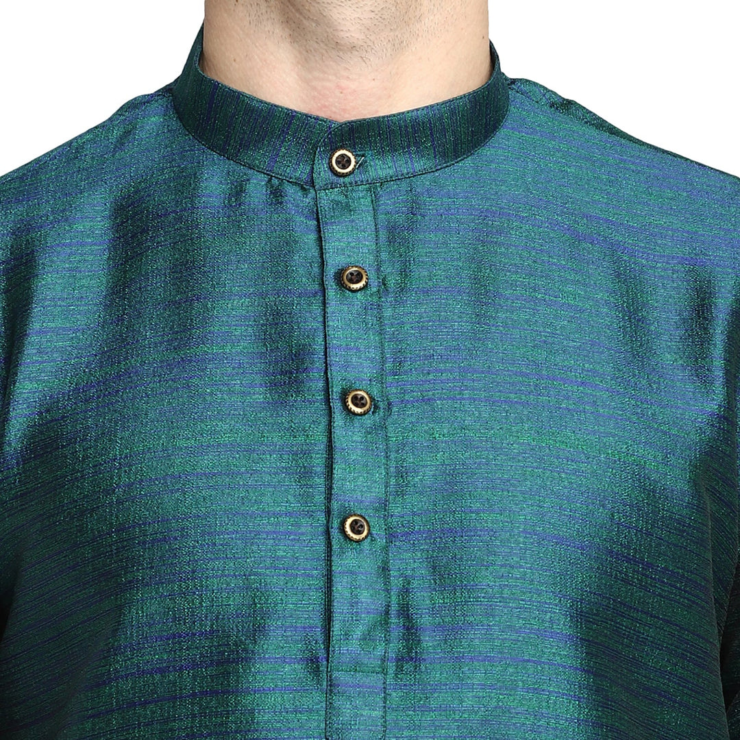 Turquoise Green Solid Straight Silk Blend Men's Kurta