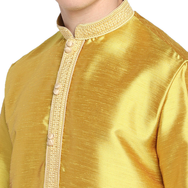 Golden Straight Embroidery Silk Blend Men's Kurta