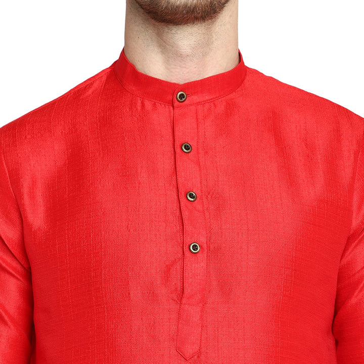 Red Solid Straight Silk Blend Men's Kurta