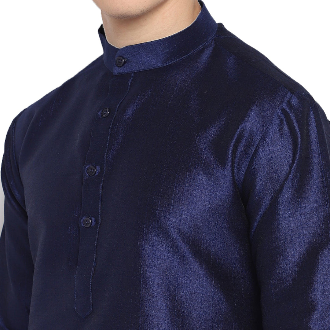 Navy Blue Solid straight Silk Blend Men's Kurta