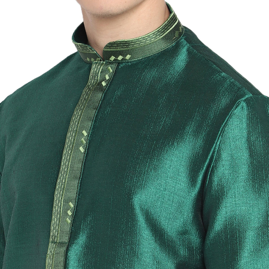 Bottle Green Straight Embroidered Silk Blend Men's Kurta