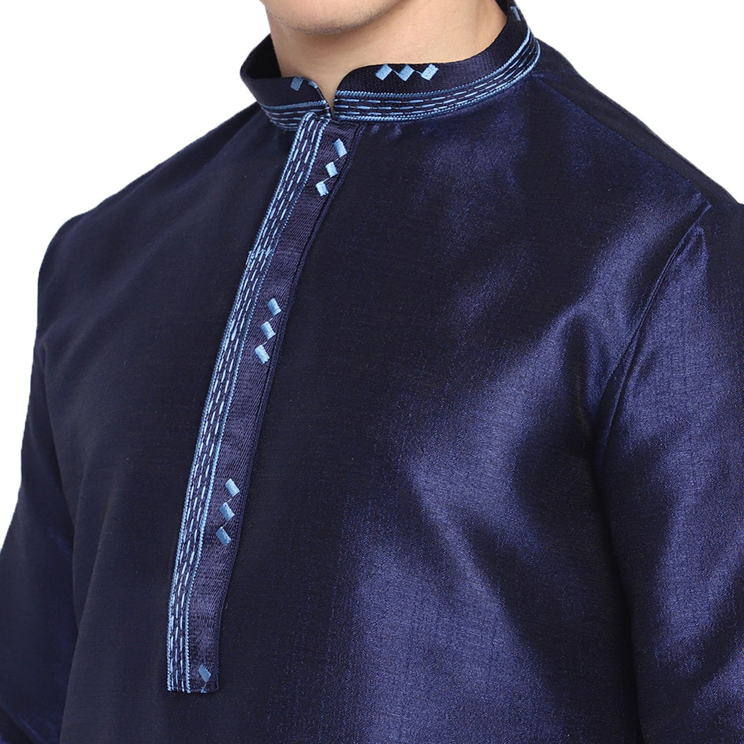 Navy Blue Straight Embroidered Silk Blend Men's Kurta