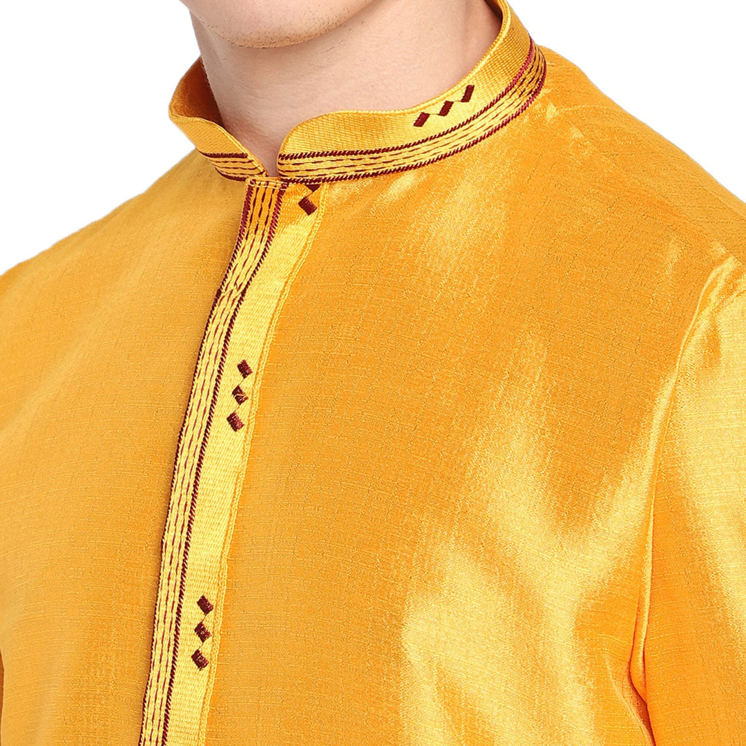 Mustard Solid Straight Embroidered Silk Blend Men's Kurta