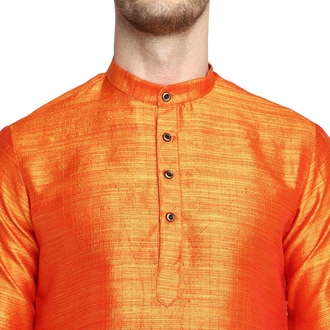 Orange Solid Straight Silk Blend Men's Kurta
