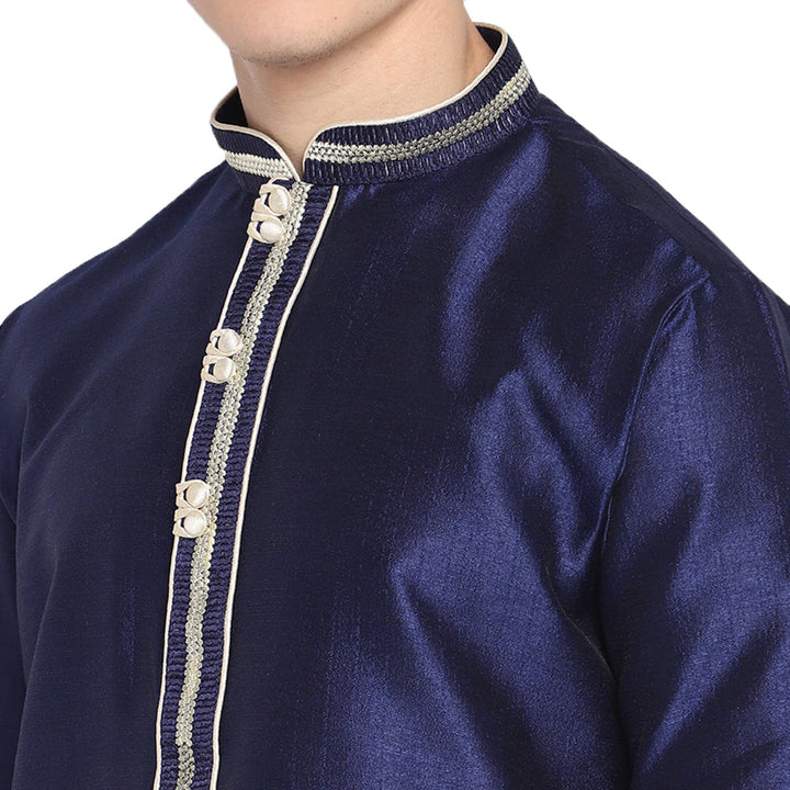 Navy Blue Straight Embroidered With Loop Button Silk Blend Men's Kurta