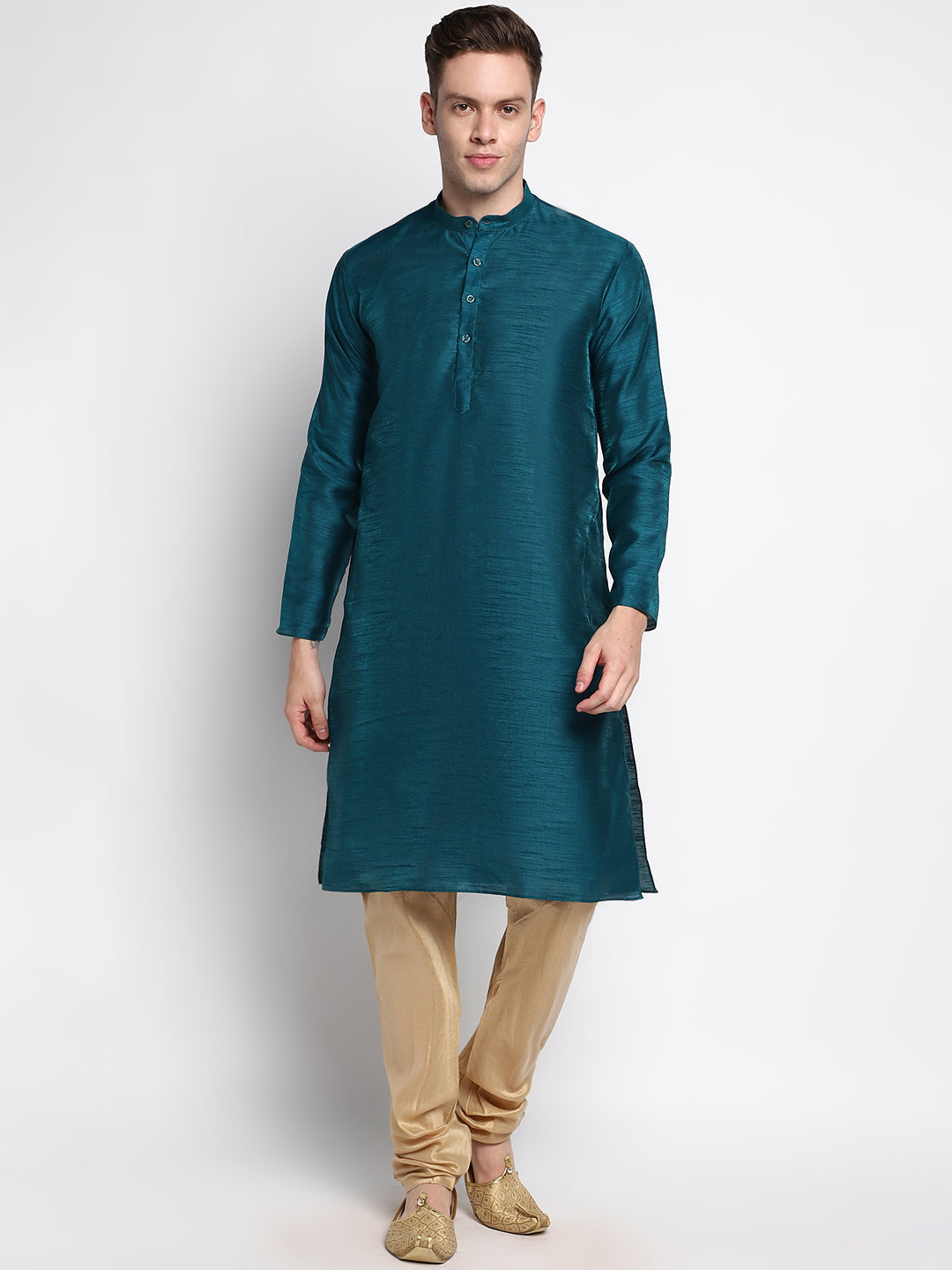 Turquoise Straight Silk Blend Full Sleeves Men's Kurta