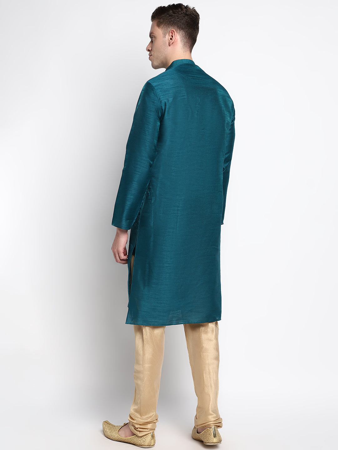 Turquoise Straight Silk Blend Full Sleeves Men's Kurta