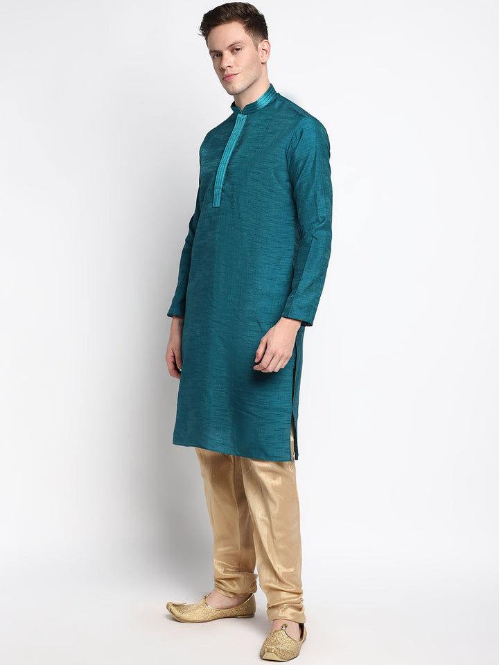Turquoise Straight Silk Blend Men's Kurta