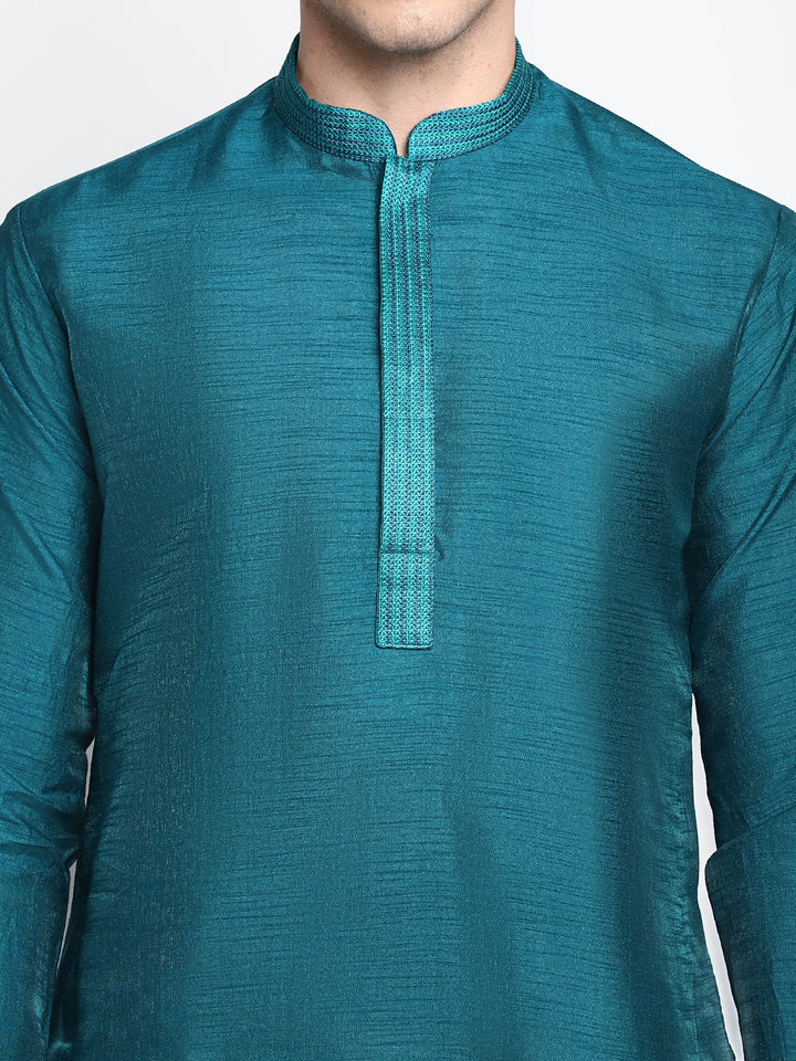 Turquoise Straight Silk Blend Men's Kurta
