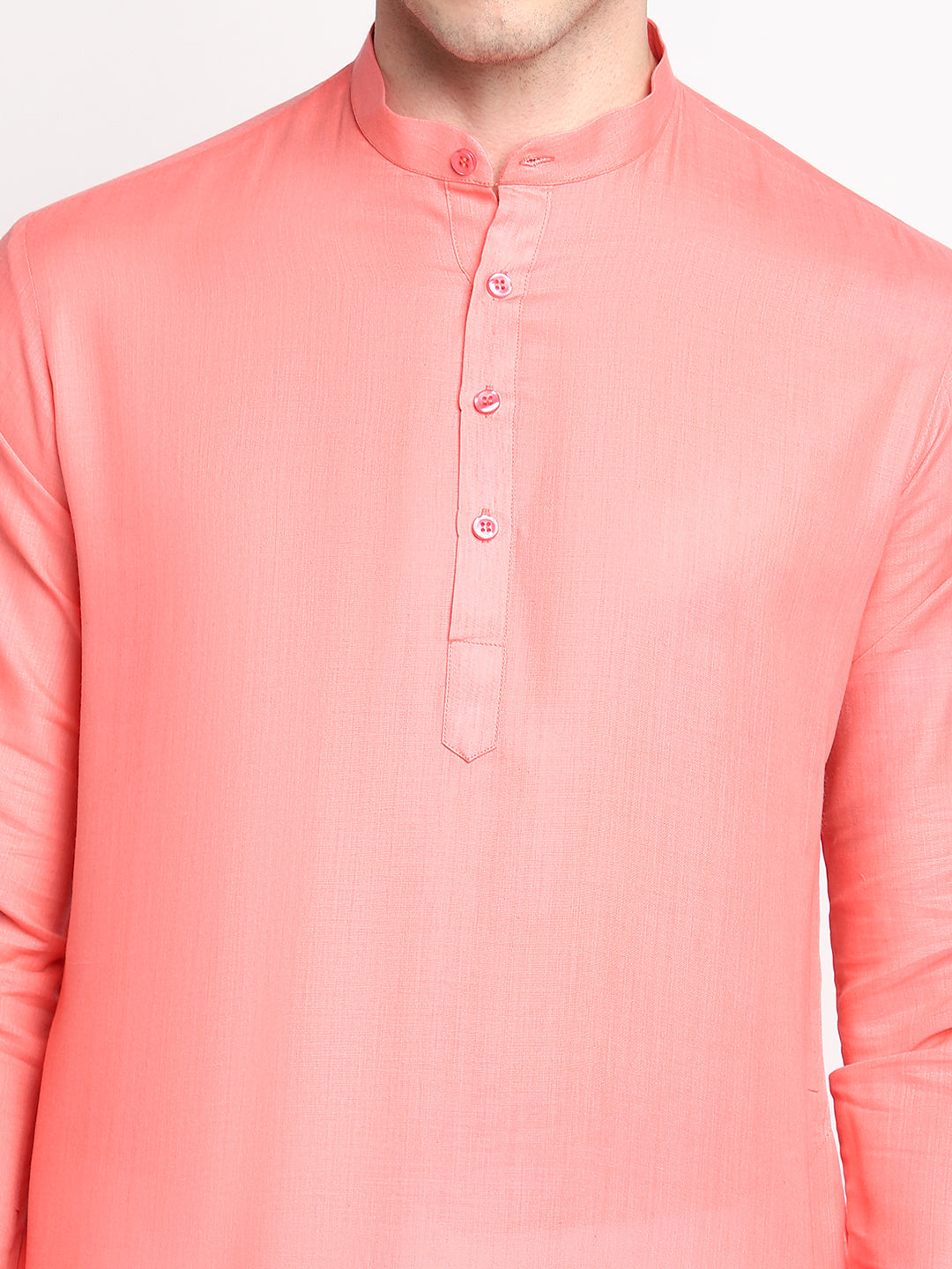 Peach/ Pink Solid Straight Cotton Blend Men's Kurta