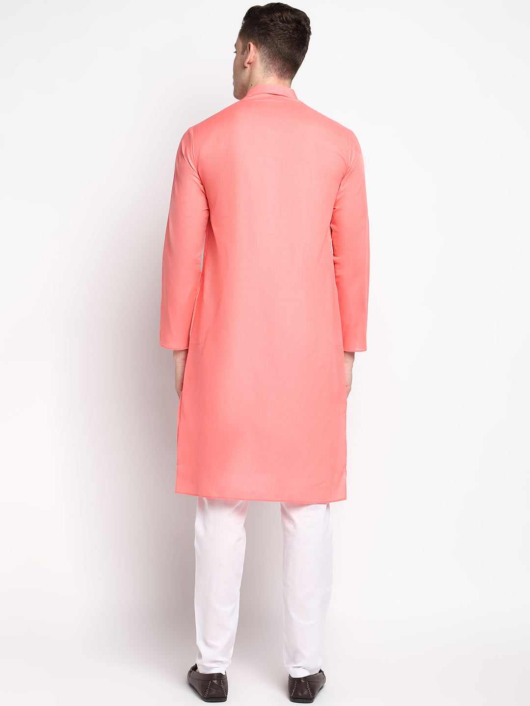 Peach/ Pink Solid Straight Cotton Blend Men's Kurta