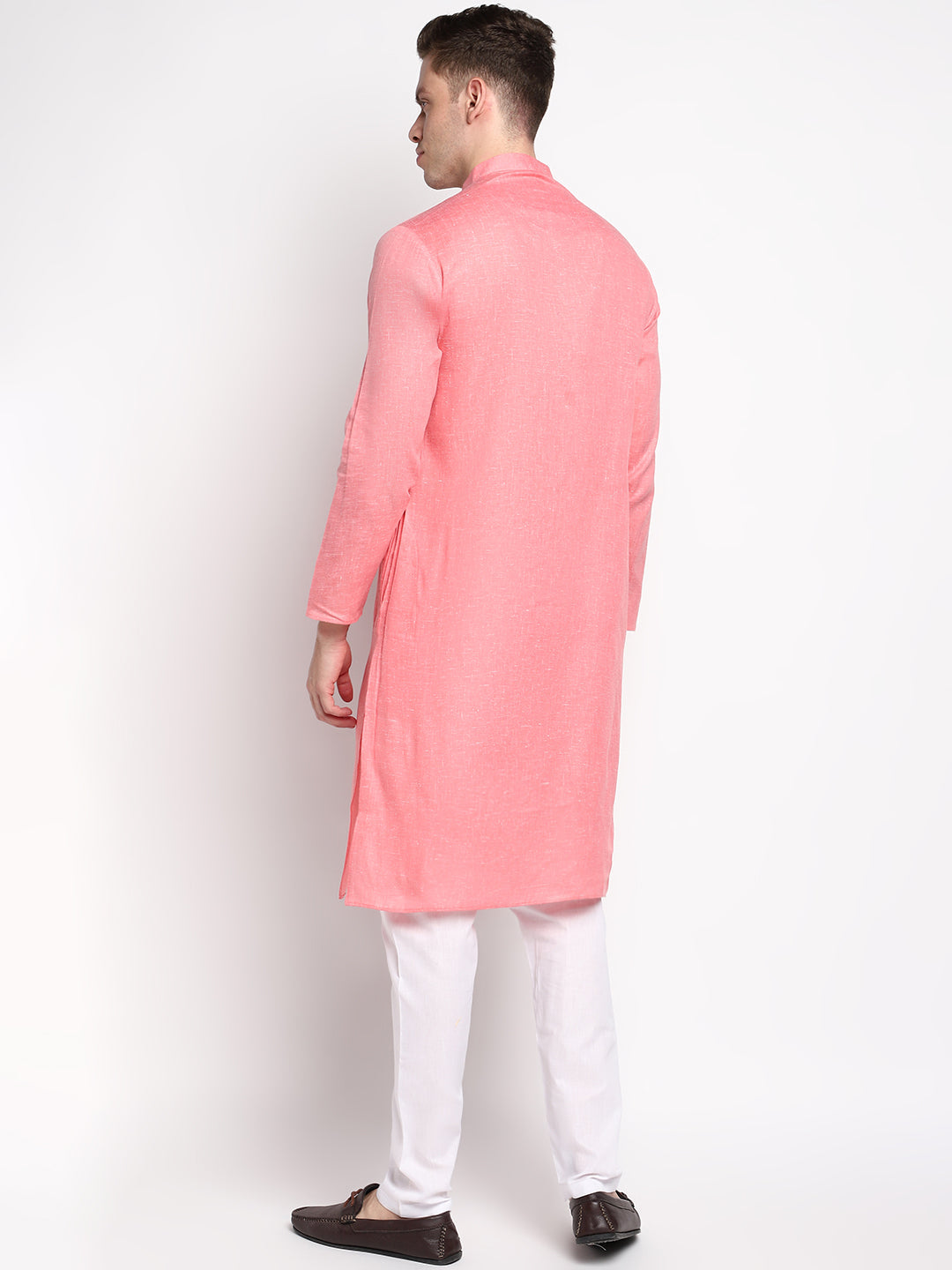 Peach Pink Straight Cotton Blend Full Sleeves Men's Kurta With Mandarin Collar