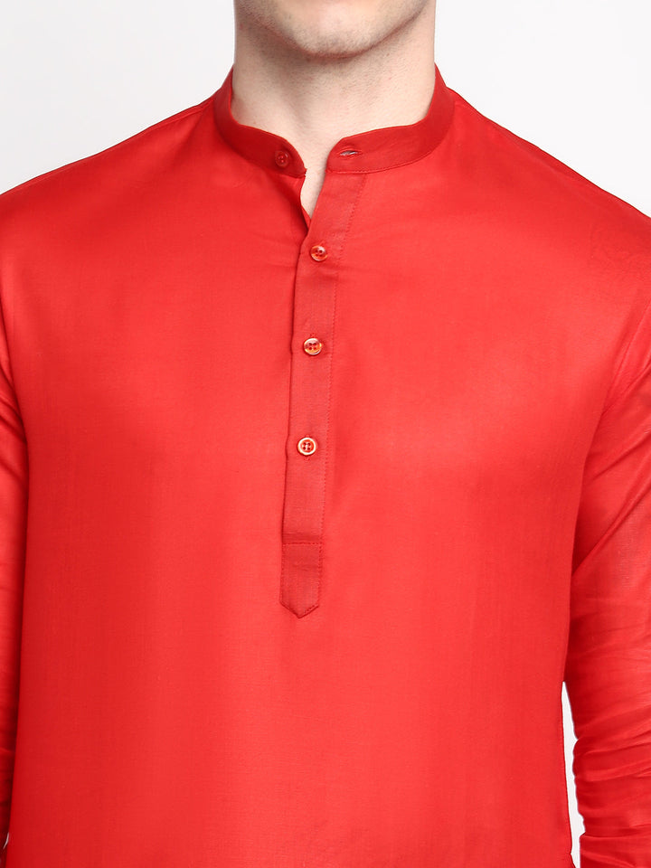 Red Solid Cotton Blend Full Sleeves Men's Kurta