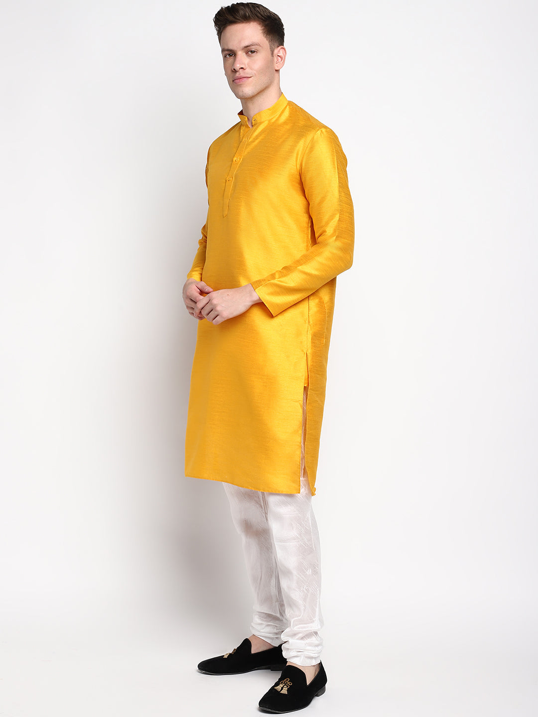 Solid Yellow Straight Cotton Blend Men's Kurta