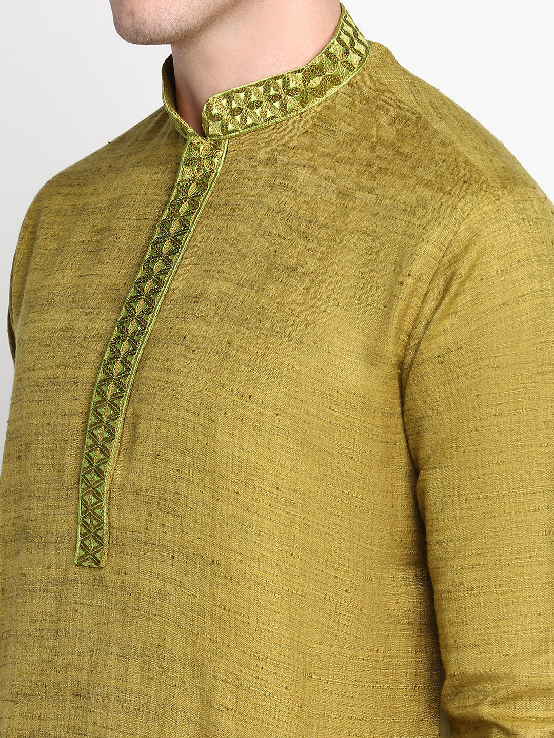 Green Straight Embroidered Cotton Men's Kurta